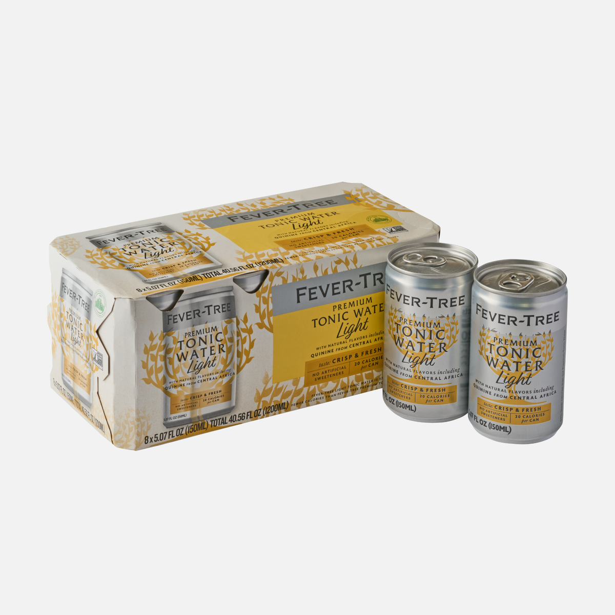 Alt text: "Pack of 8 Fever-Tree Premium Tonic Water Light cans. Two cans are placed upright in front of the yellow and white packaging. The design features leaf motifs, conveying a fresh and crisp feel."