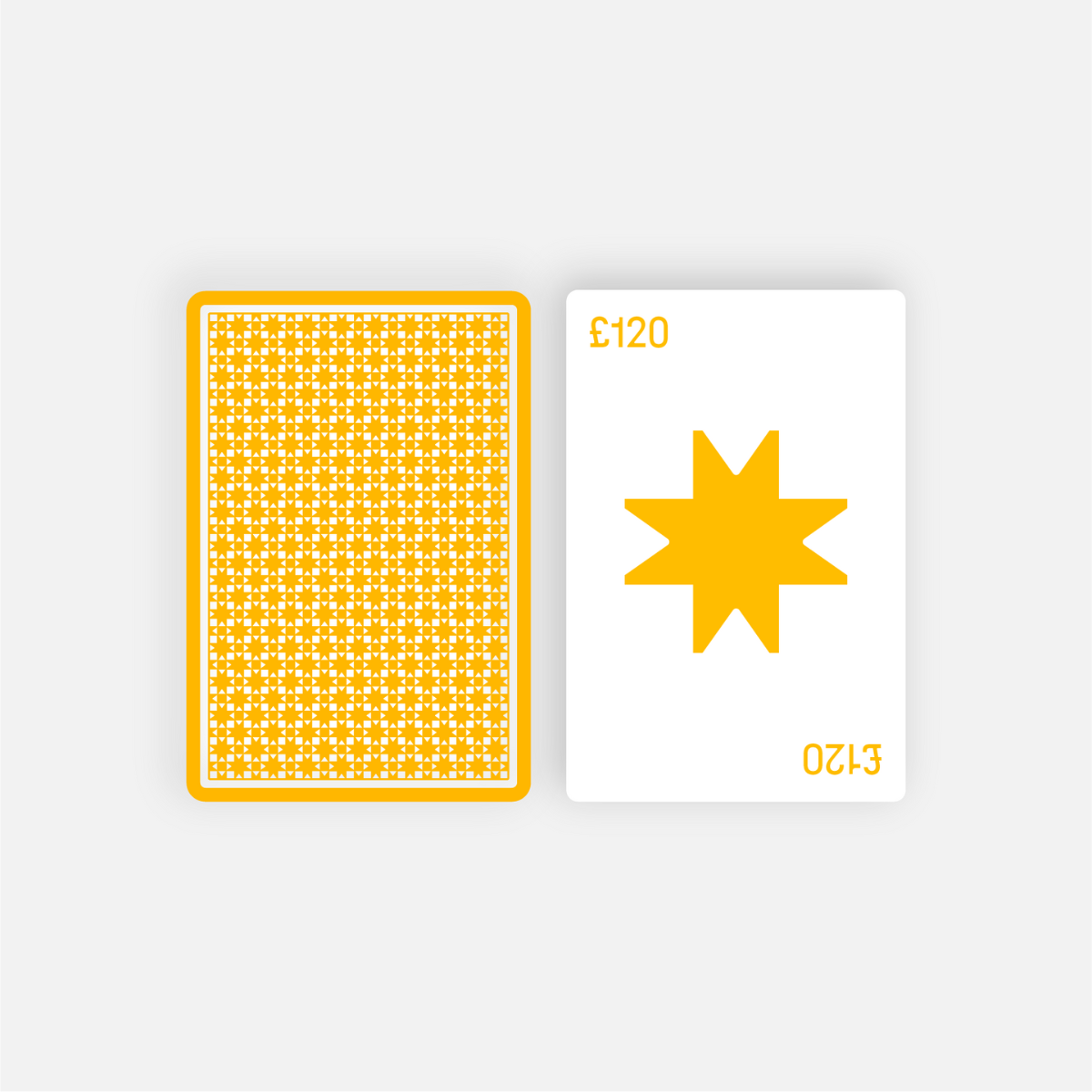 Two cards: one face down with yellow, one face up showing a £120 MOTHER ✸ ROOT Digital Gift Card and yellow star.