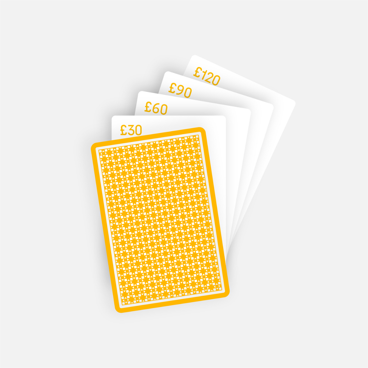 Five playing cards fan out; four show Digital Gift Card values for MOTHER ✸ ROOT, top card face down in yellow pattern.