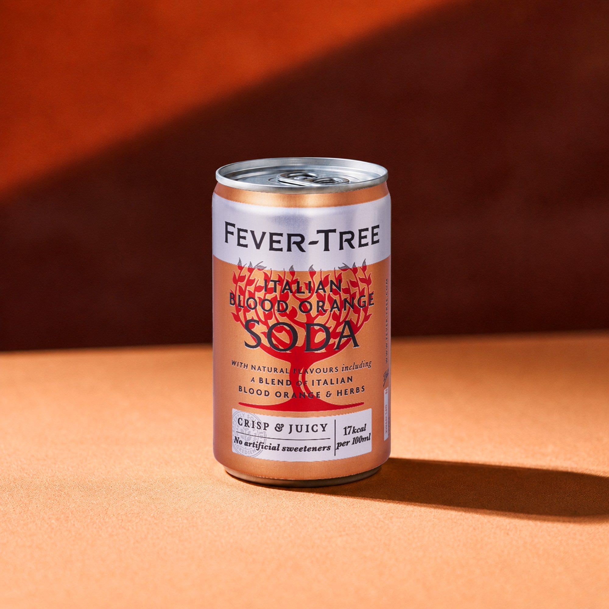 A single 150ml can of Fever-Tree Italian Blood Orange Soda standing on a warm orange surface, lit by angled sunlight against a rich terracotta background.