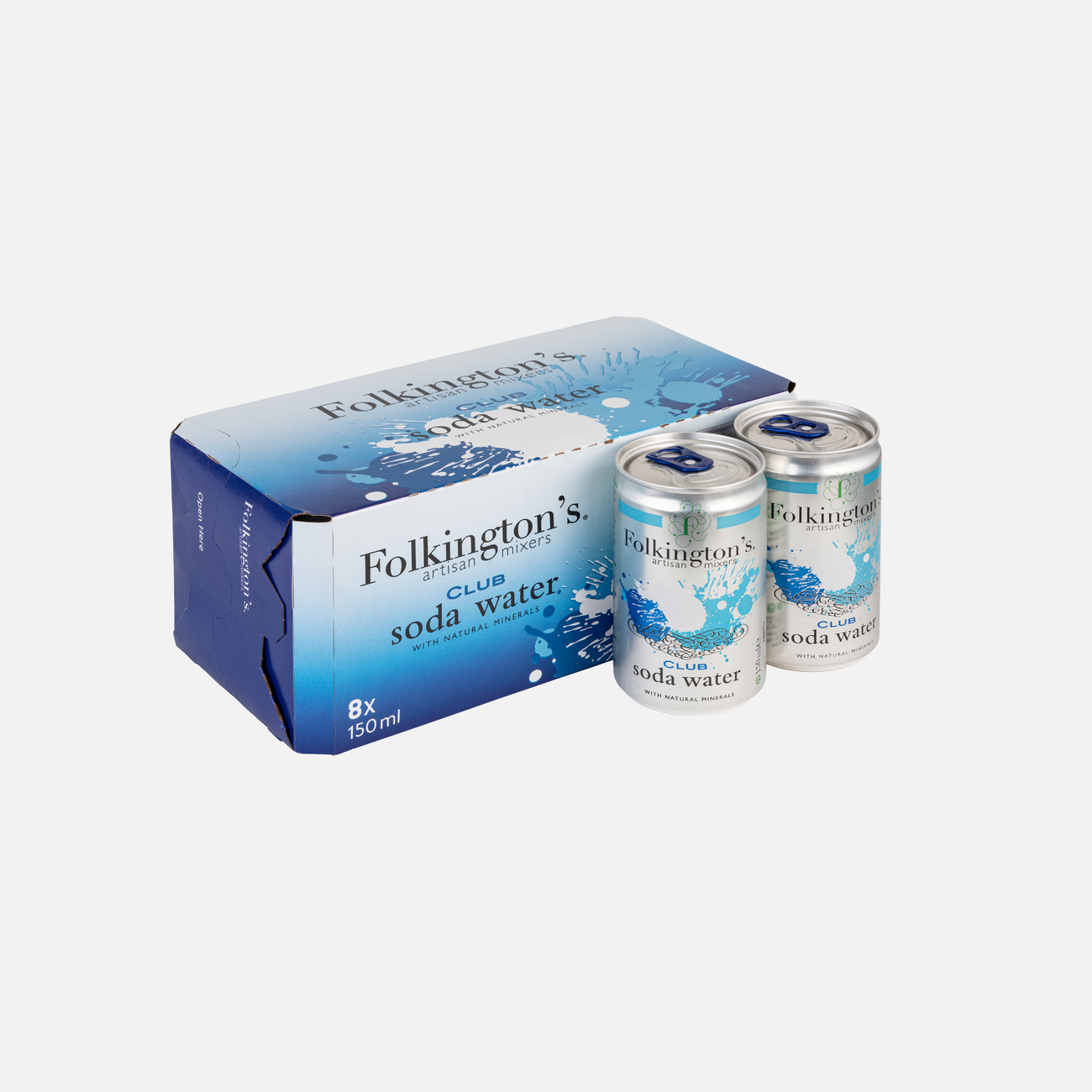 Eight-pack box and two cans of Mother Root Soda Water [8 x 150ml] on a white background.