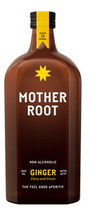 A brown bottle labeled Mother Root Ginger non-alcoholic aperitif with a yellow-striped cap and star.