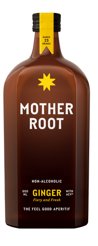 A brown bottle labeled Mother Root Ginger non-alcoholic aperitif with a yellow-striped cap and star.