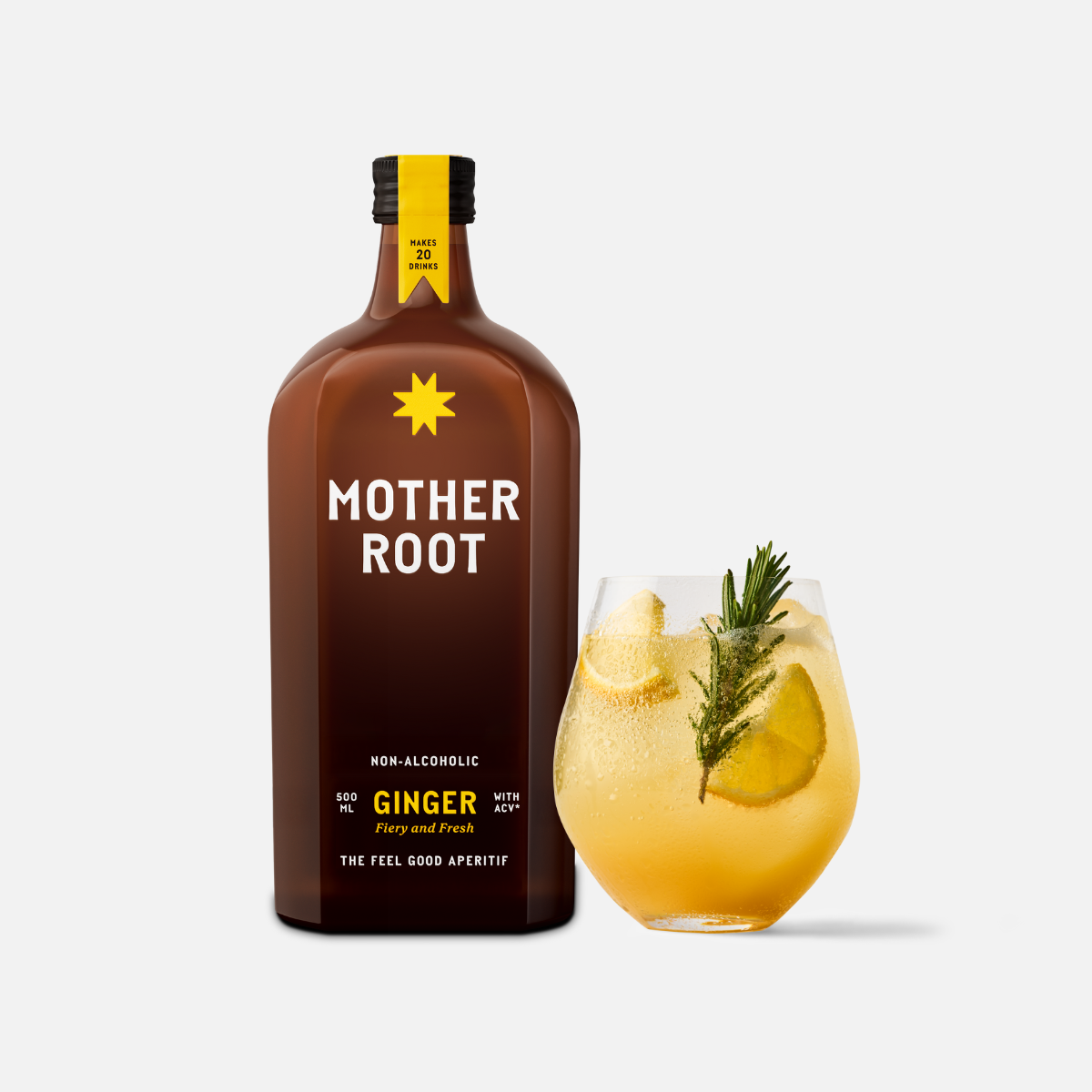 Bottle of 'Mother Root' ginger aperitif with a glass of the drink and garnish on a light background.