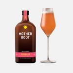 Bottle of 'Mother Root' non-alcoholic rhubarb beverage next to a glass filled with the drink on a light gray background.