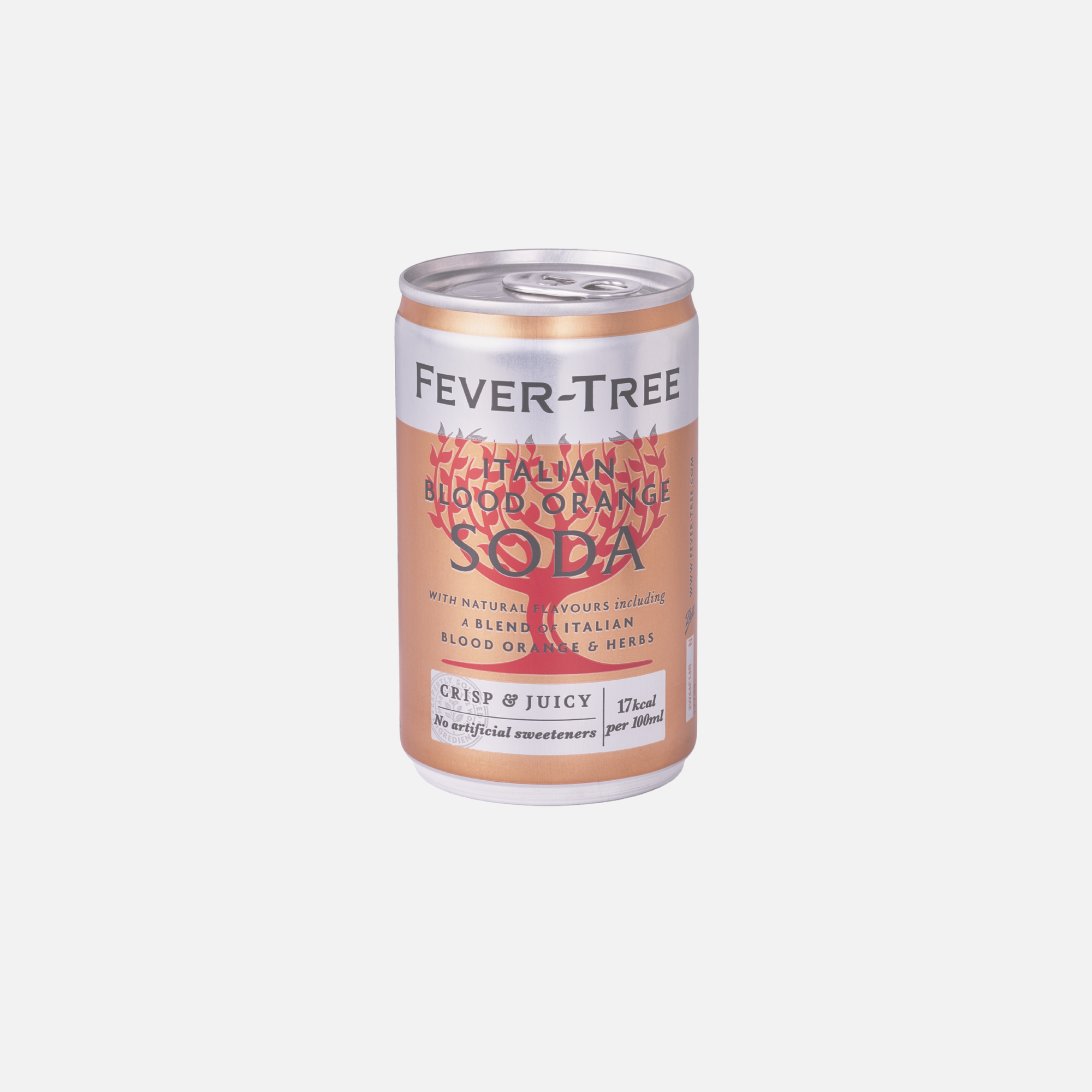 A 150ml can of Fever-Tree Italian Blood Orange Soda on a plain white background, with the brand's red tree motif and the words 'Crisp & Juicy, no artificial sweeteners, 17kcal per 100ml'.
