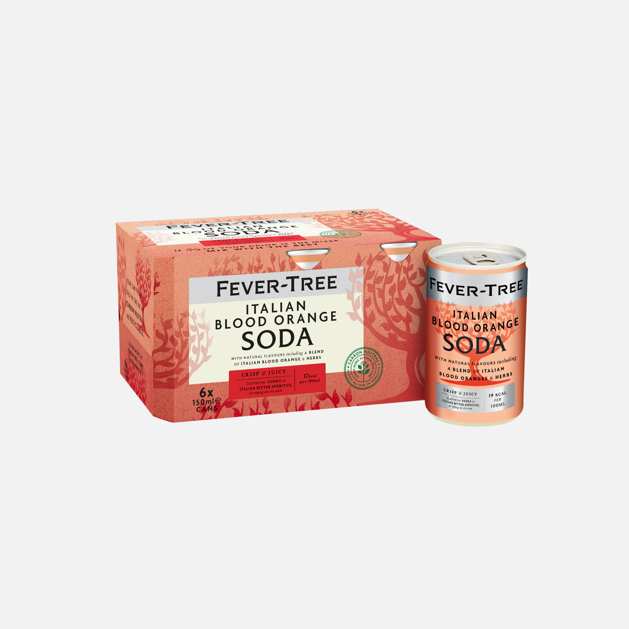 A six-pack carton of Fever-Tree Italian Blood Orange Soda in 150ml cans, shown alongside a single can, on a plain white background