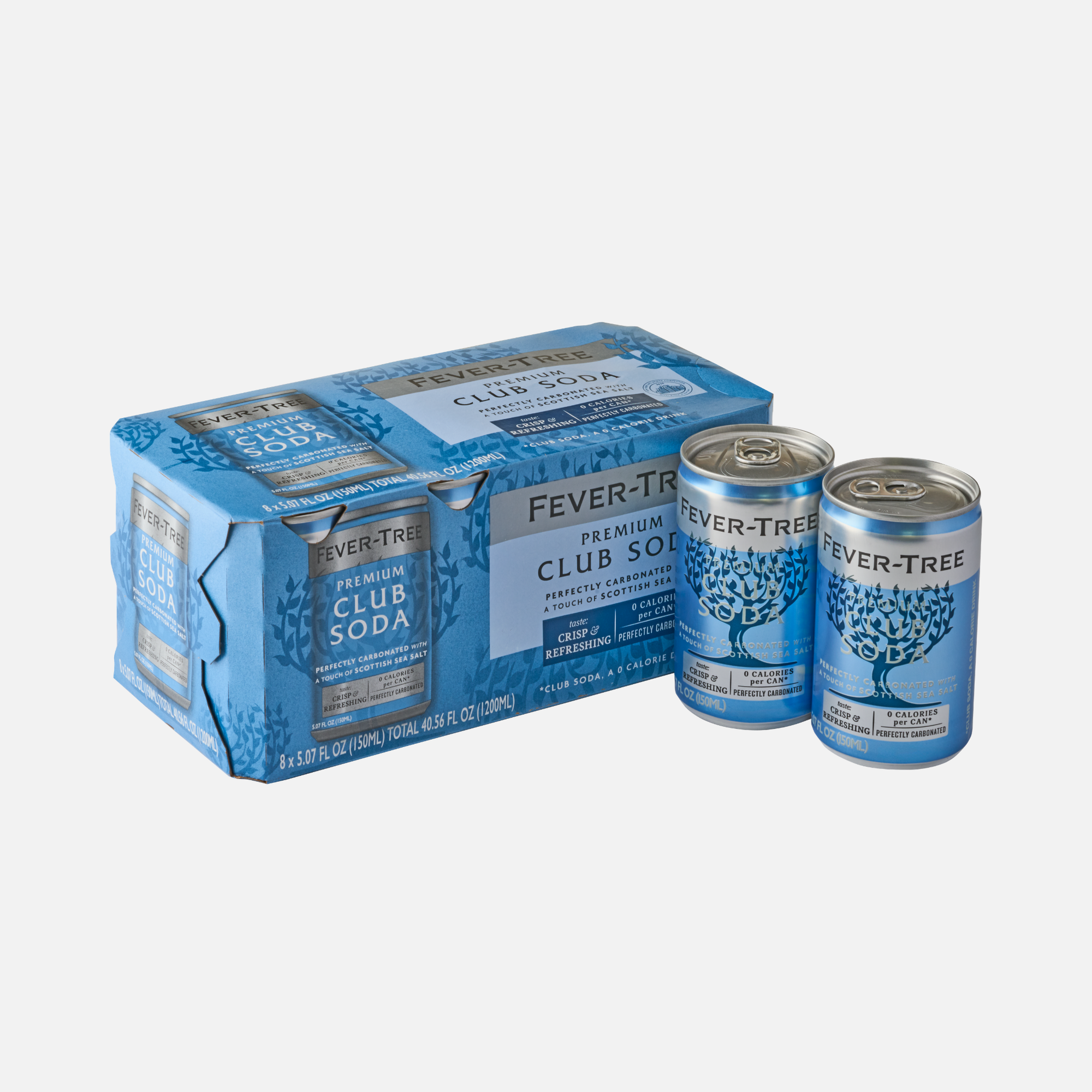Image of a Fever-Tree Club Soda 8-pack and two individual cans. The packaging is blue with a tree logo, suggesting freshness and premium quality.